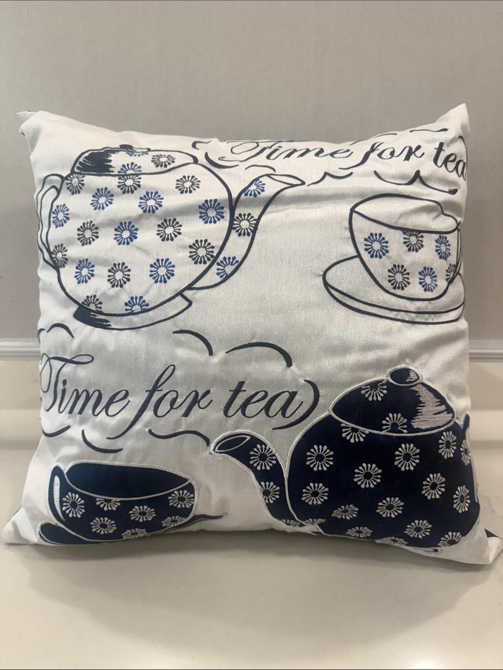 Time for Tea Decorative Throw Pillow - Navy on White
